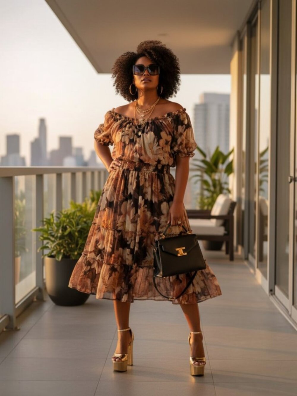 Kate & Lily Floral Tiered Midi Dress in Brown and Cream Size 18W
